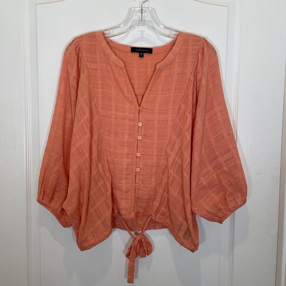 Sanctuary Tie-Front Button Down Blouse Pink Vneck 100% Cotton S - Picture 2 of 5